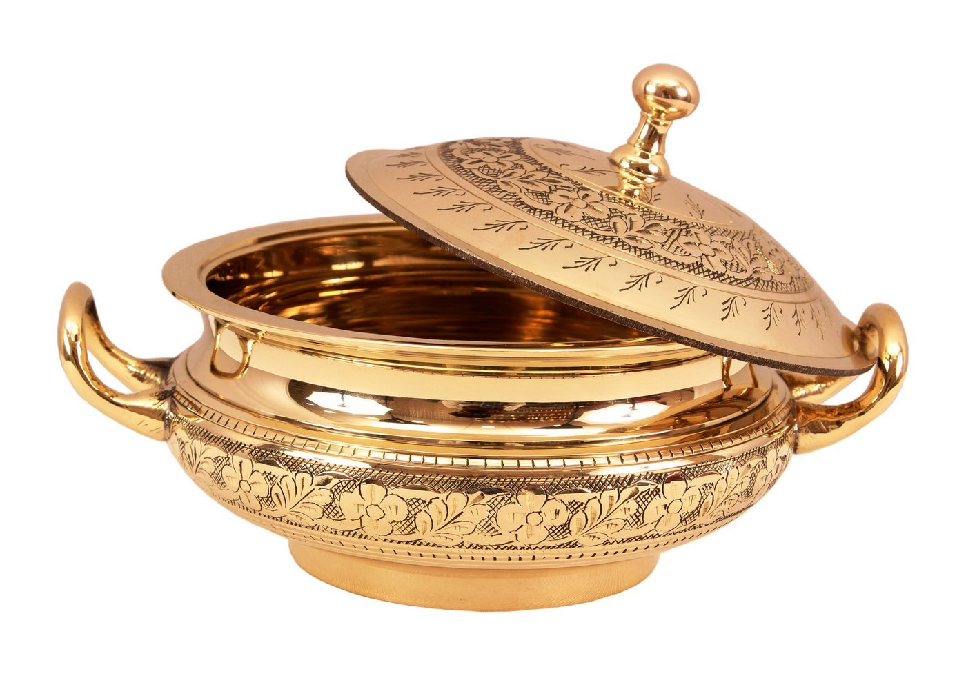 Pure Brass Engraved Floral Design Casserole, Mughlai Style, Serveware, Tableware