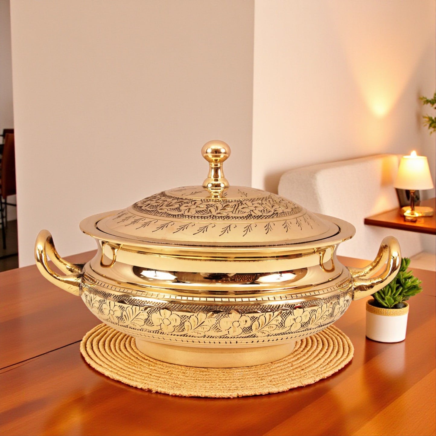 Pure Brass Engraved Floral Design Casserole, Mughlai Style, Serveware, Tableware