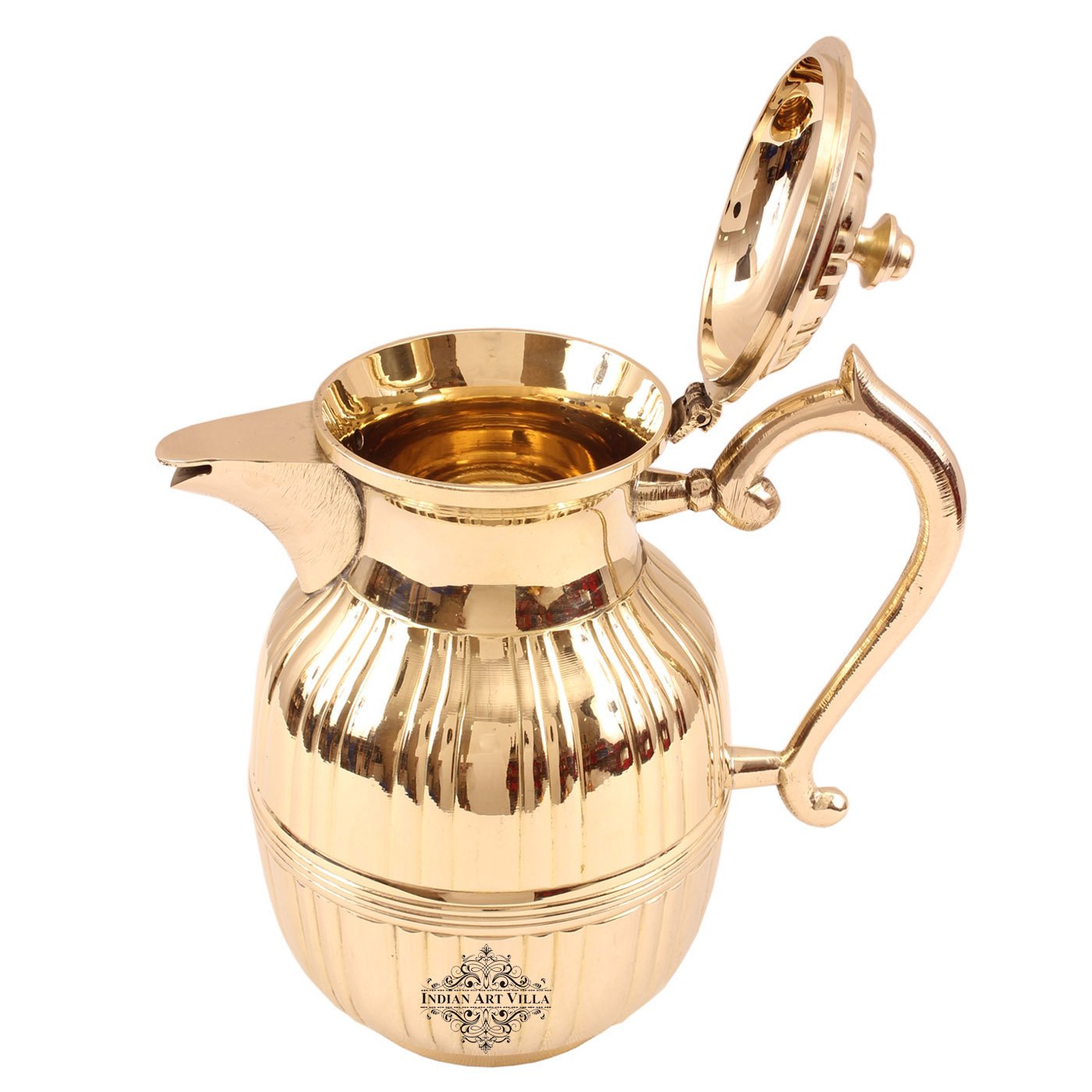 Pure Brass Barrel Shaped Jug, Pitcher with Attached Lid & Spout