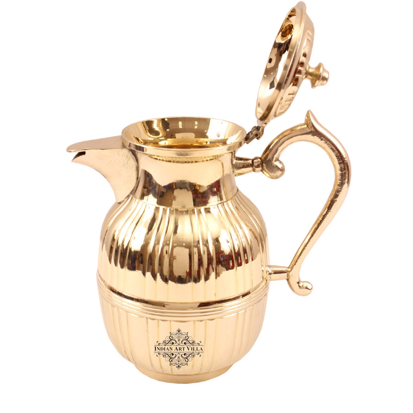 Pure Brass Barrel Shaped Jug, Pitcher with Attached Lid & Spout