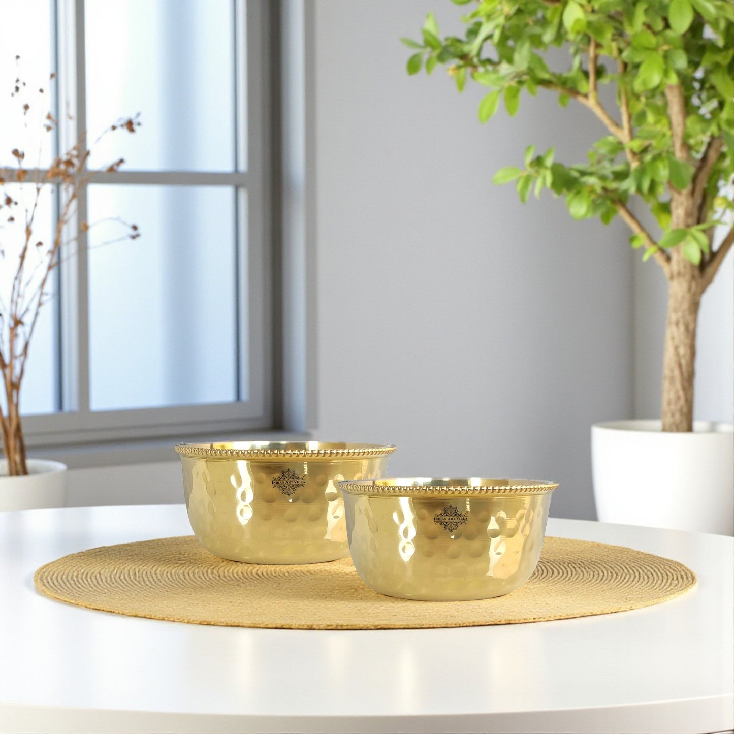 Brass Hammered Designer Bowl with Beaded Design, Dinnerware, Tableware