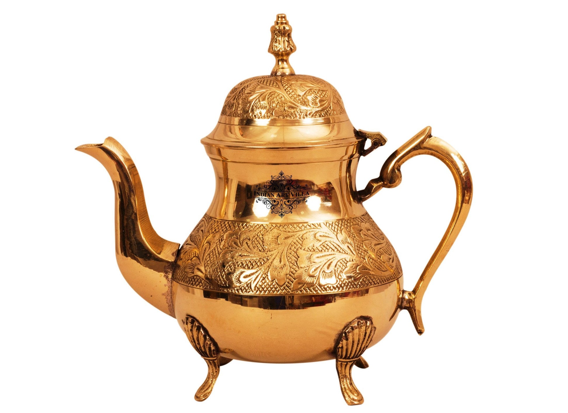 Pure Brass Leaf Design Mughlai Tea Pot with Lid -750 ML