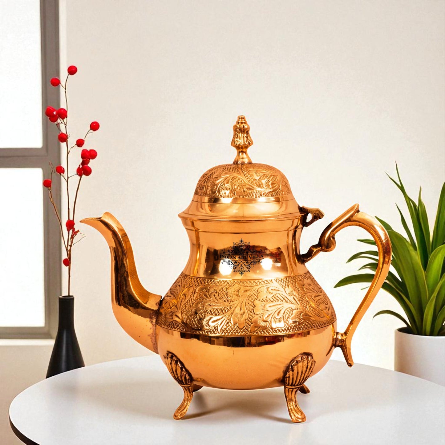 Pure Brass Leaf Design Mughlai Tea Pot with Lid -750 ML