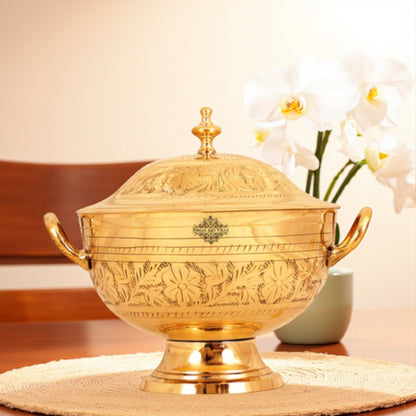 Brass Engraved Floral Design Donga with Lid & Handles, Mughlai Style, Serveware, Tableware