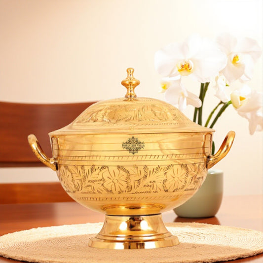 Brass Engraved Floral Design Donga with Lid & Handles, Mughlai Style, Serveware, Tableware