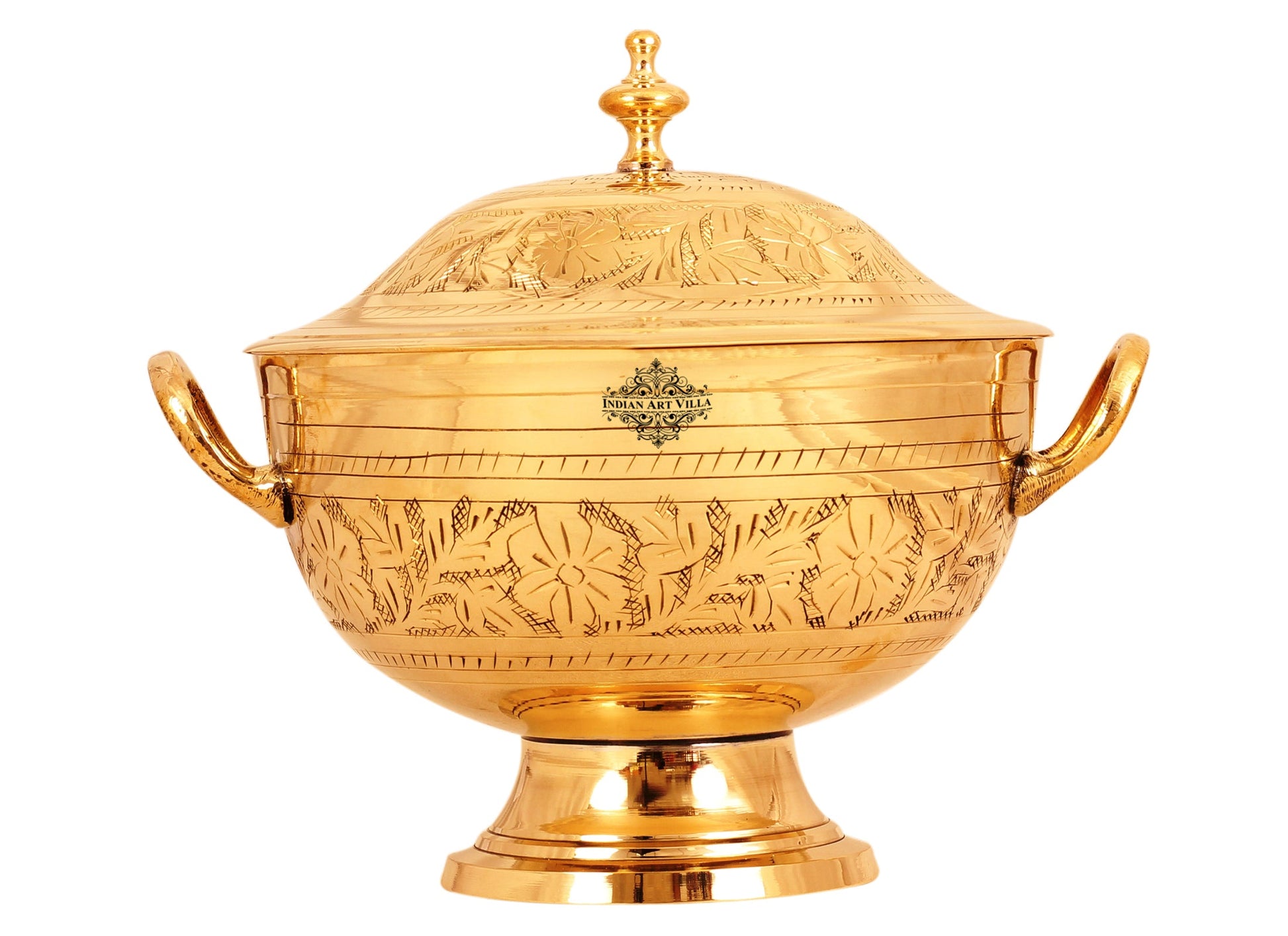 Brass Engraved Floral Design Donga with Lid & Handles, Mughlai Style, Serveware, Tableware