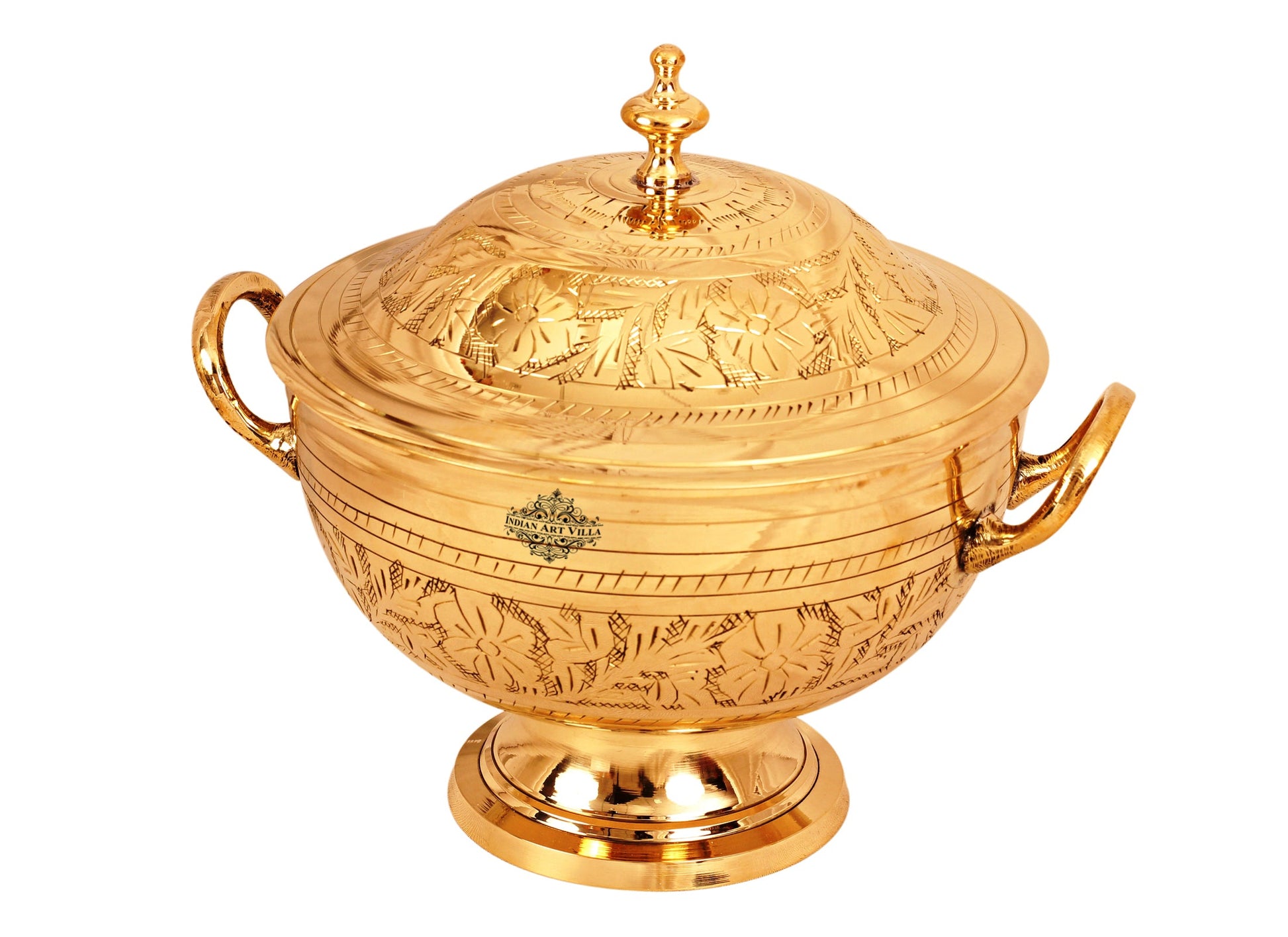 Brass Engraved Floral Design Donga with Lid & Handles, Mughlai Style, Serveware, Tableware