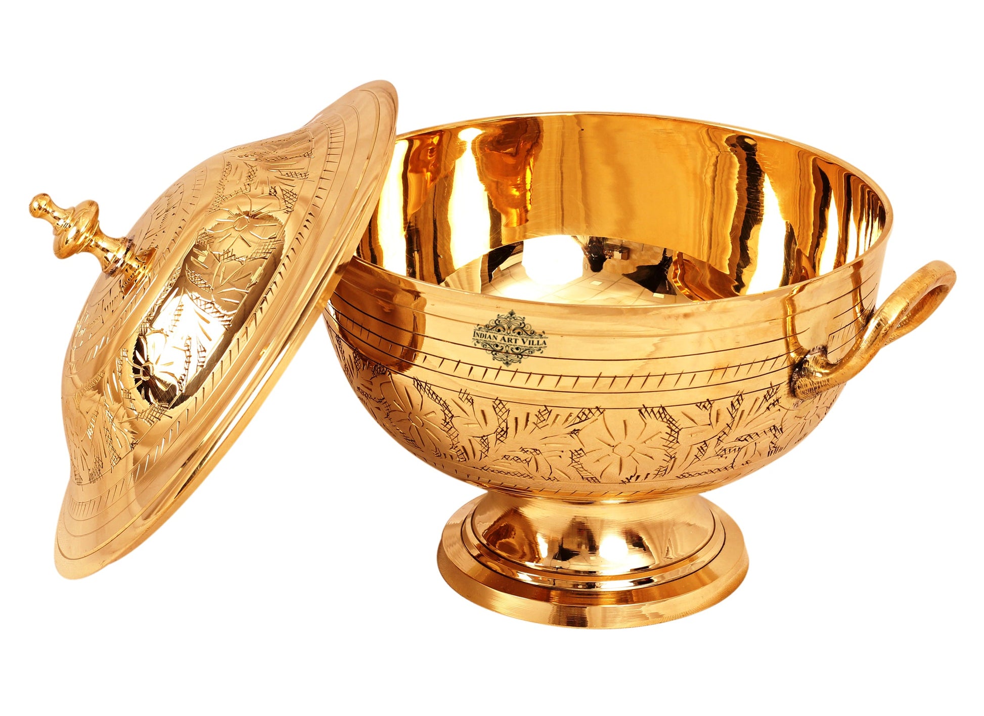 Brass Engraved Floral Design Donga with Lid & Handles, Mughlai Style, Serveware, Tableware