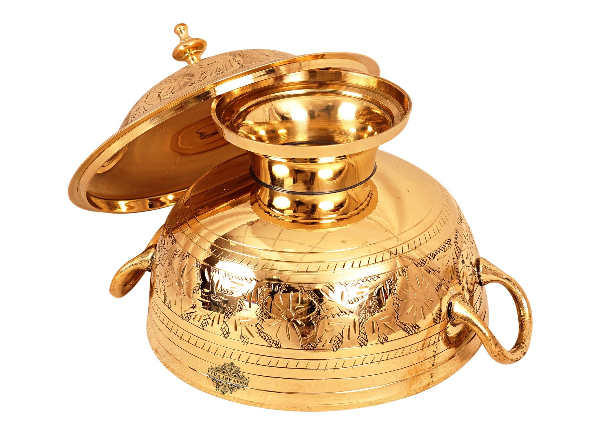Brass Engraved Floral Design Donga with Lid & Handles, Mughlai Style, Serveware, Tableware