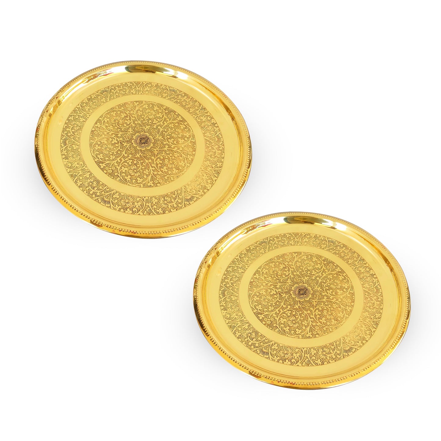 Brass Double Ring Floral Design Plate Platter, Serveware & Tableware, Gold
