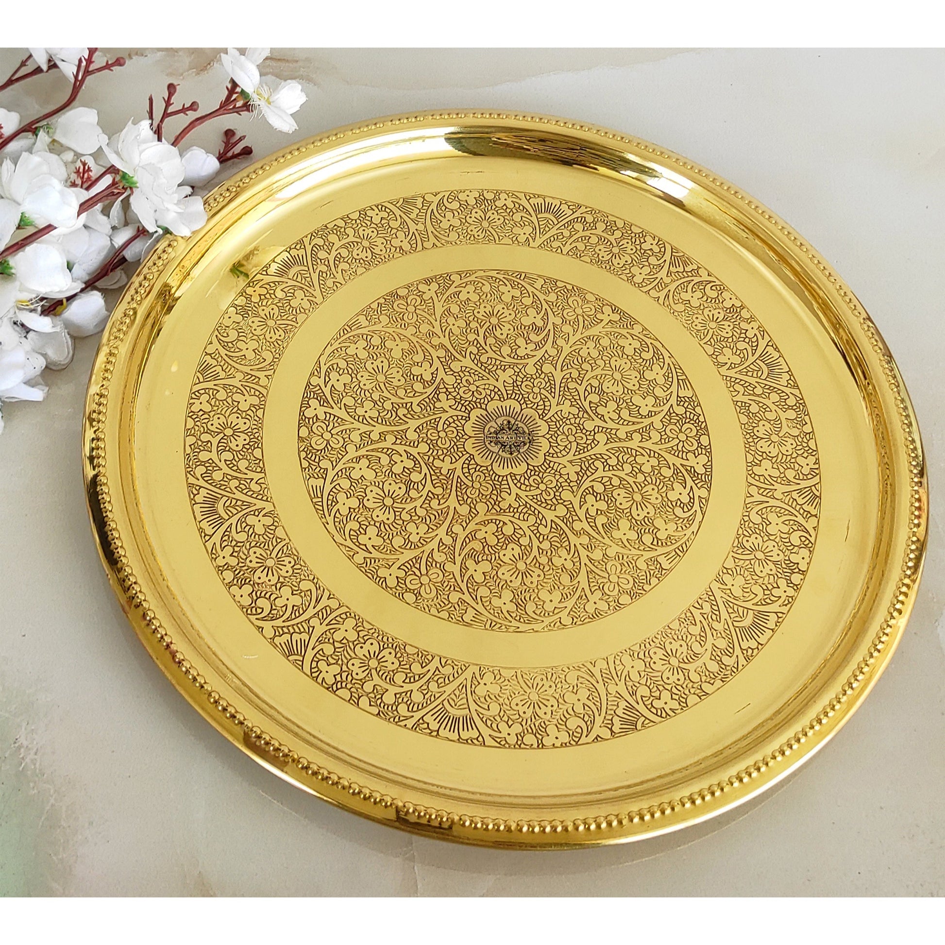 Brass Double Ring Floral Design Plate Platter, Serveware & Tableware, Gold
