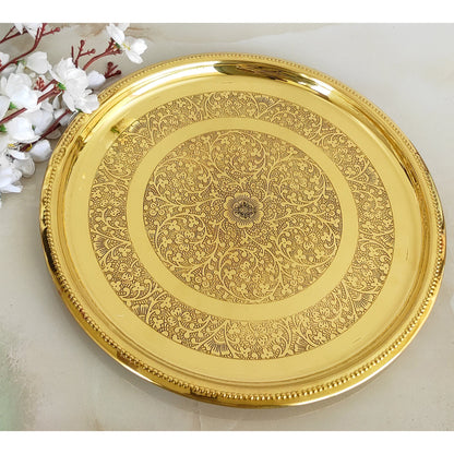 Brass Double Ring Floral Design Plate Platter, Serveware & Tableware, Gold