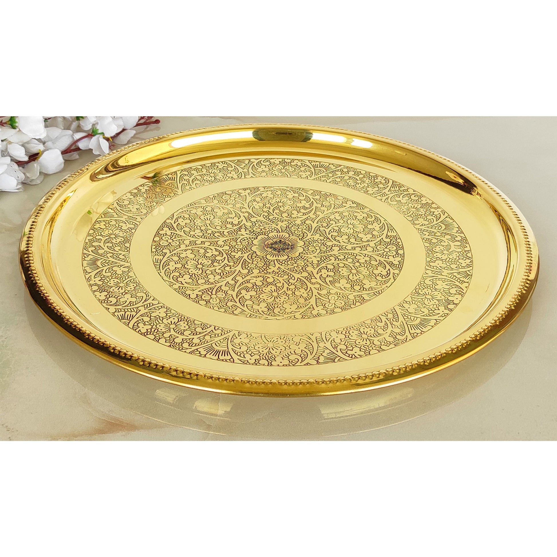 Brass Double Ring Floral Design Plate Platter, Serveware & Tableware, Gold