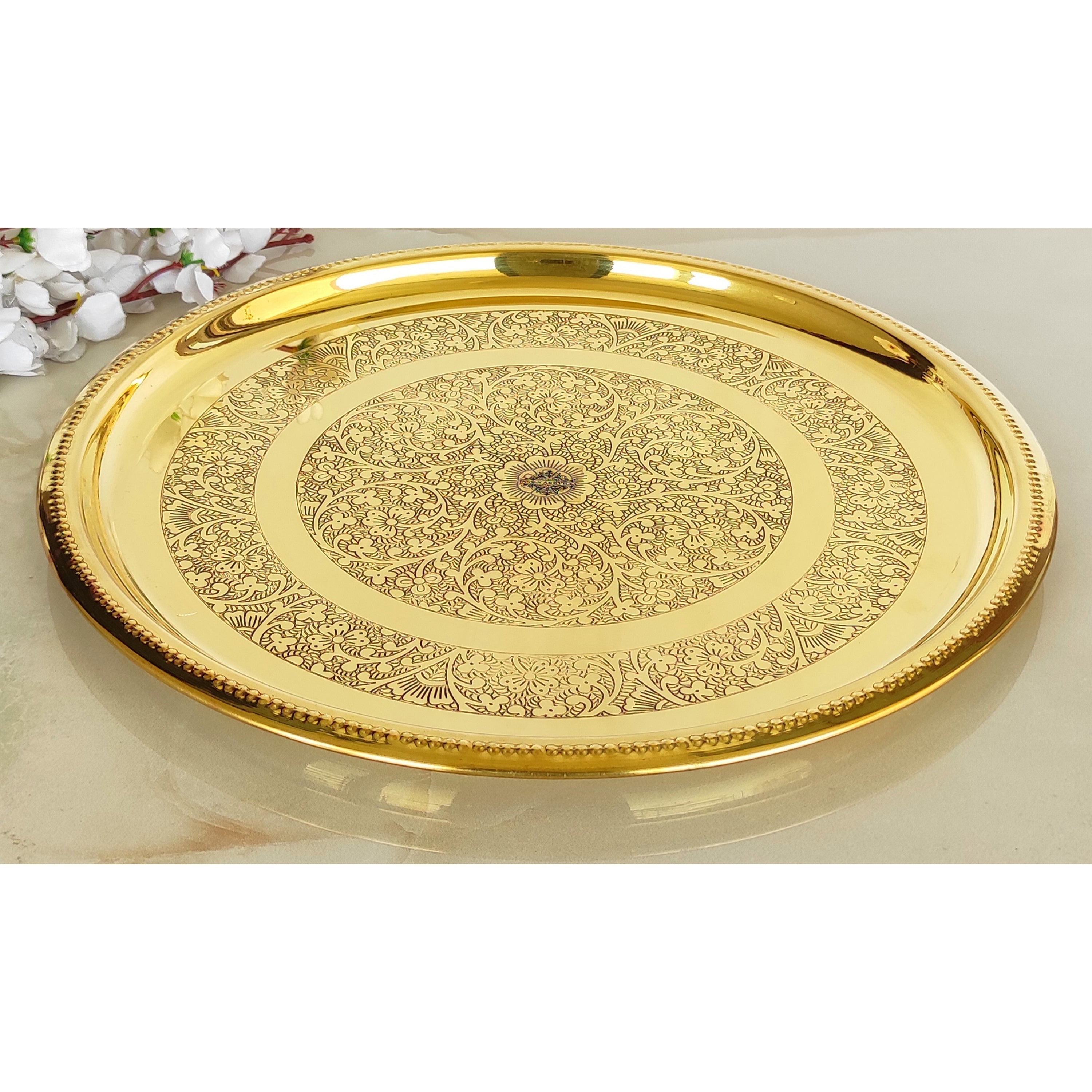 Brass Double Ring Floral Design Plate Platter, Serveware & Tableware, Gold