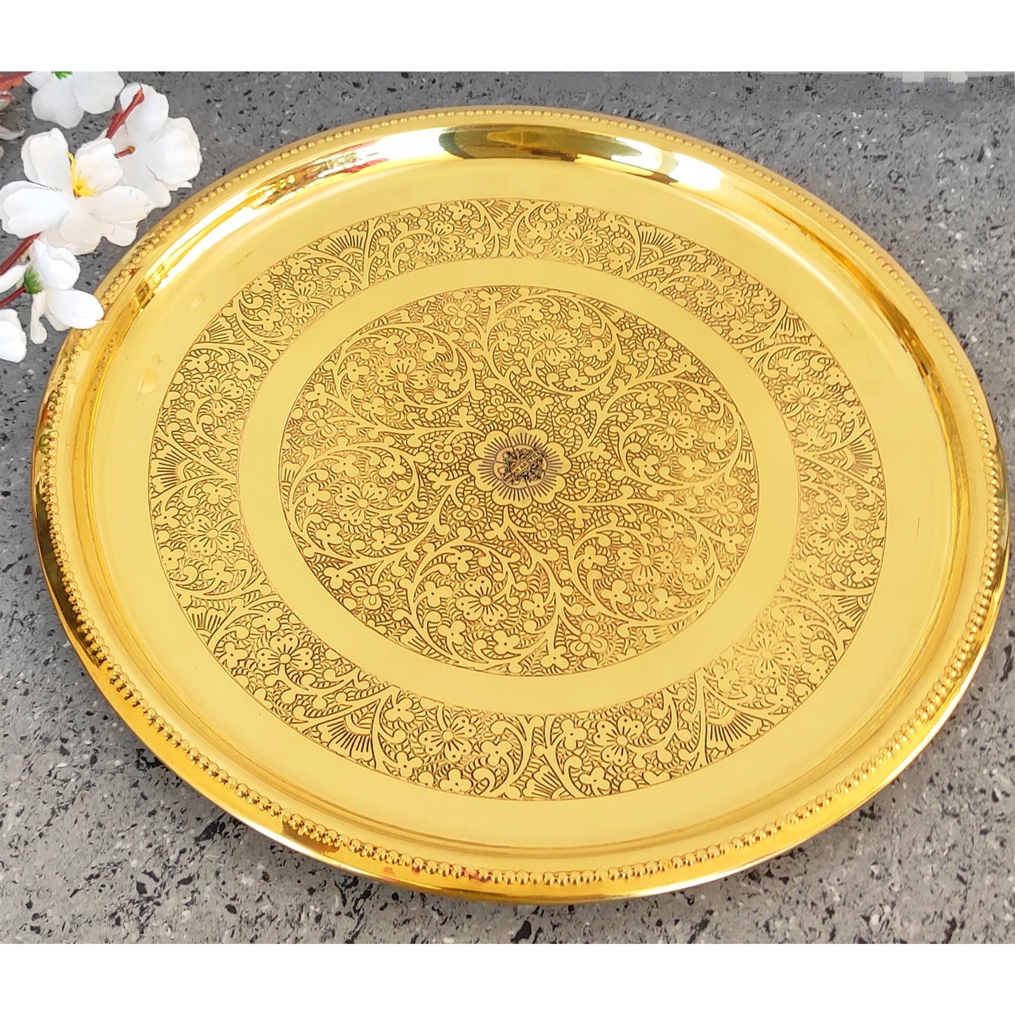 Brass Double Ring Floral Design Plate Platter, Serveware & Tableware, Gold