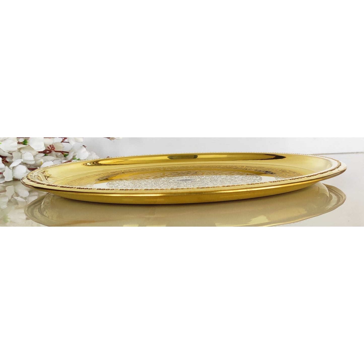 Brass Double Ring Floral Design Plate Platter, Serveware & Tableware, Gold
