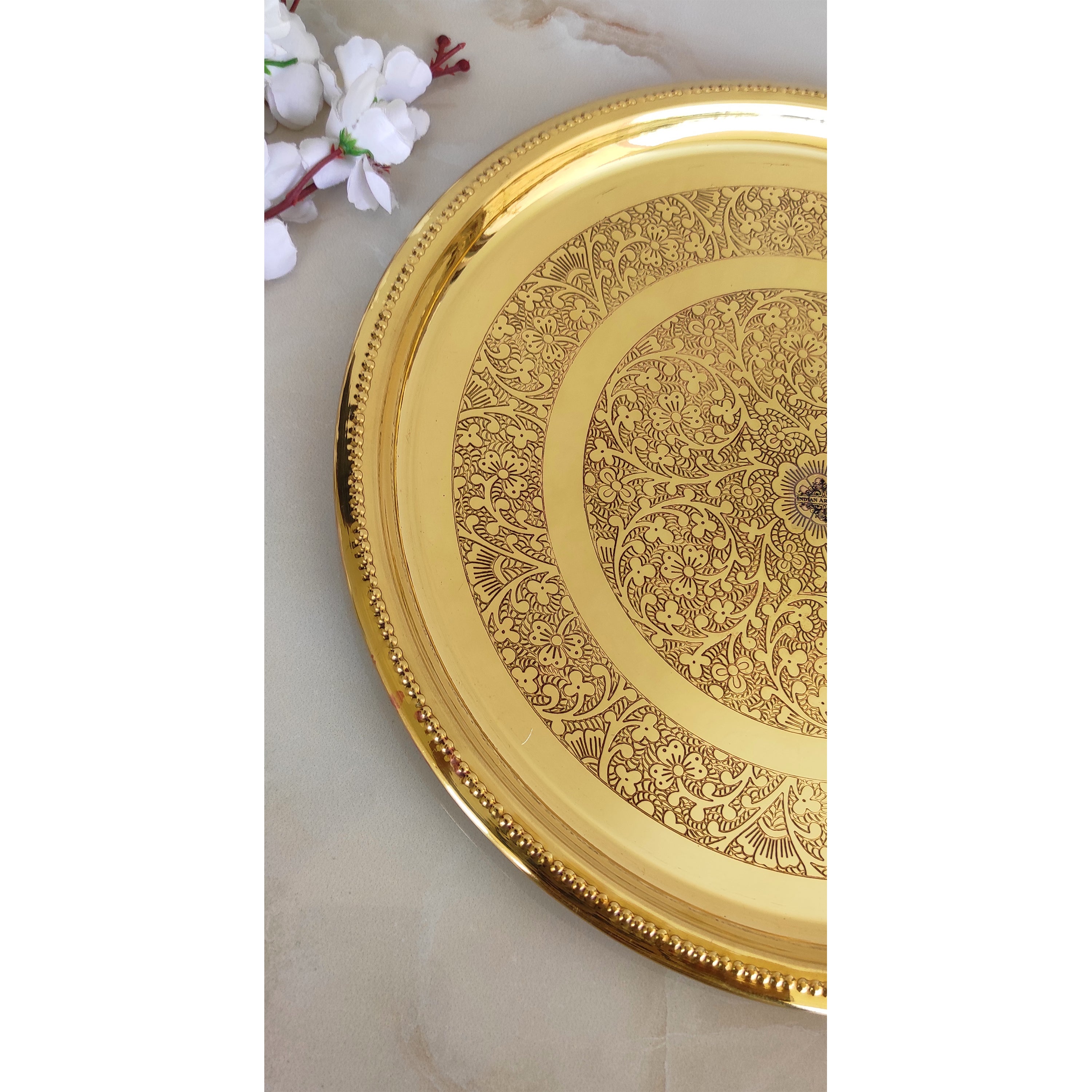 Brass Double Ring Floral Design Plate Platter, Serveware & Tableware, Gold