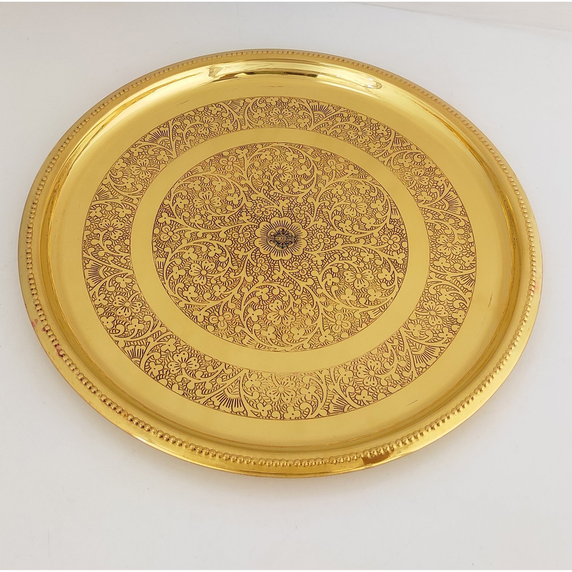 Brass Double Ring Floral Design Plate Platter, Serveware & Tableware, Gold