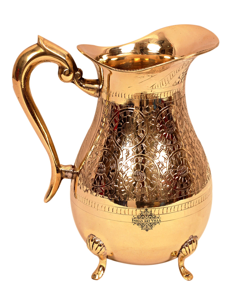 Handcrafted Pure Brass Embossed Design Jug Pitcher with 4 Legs