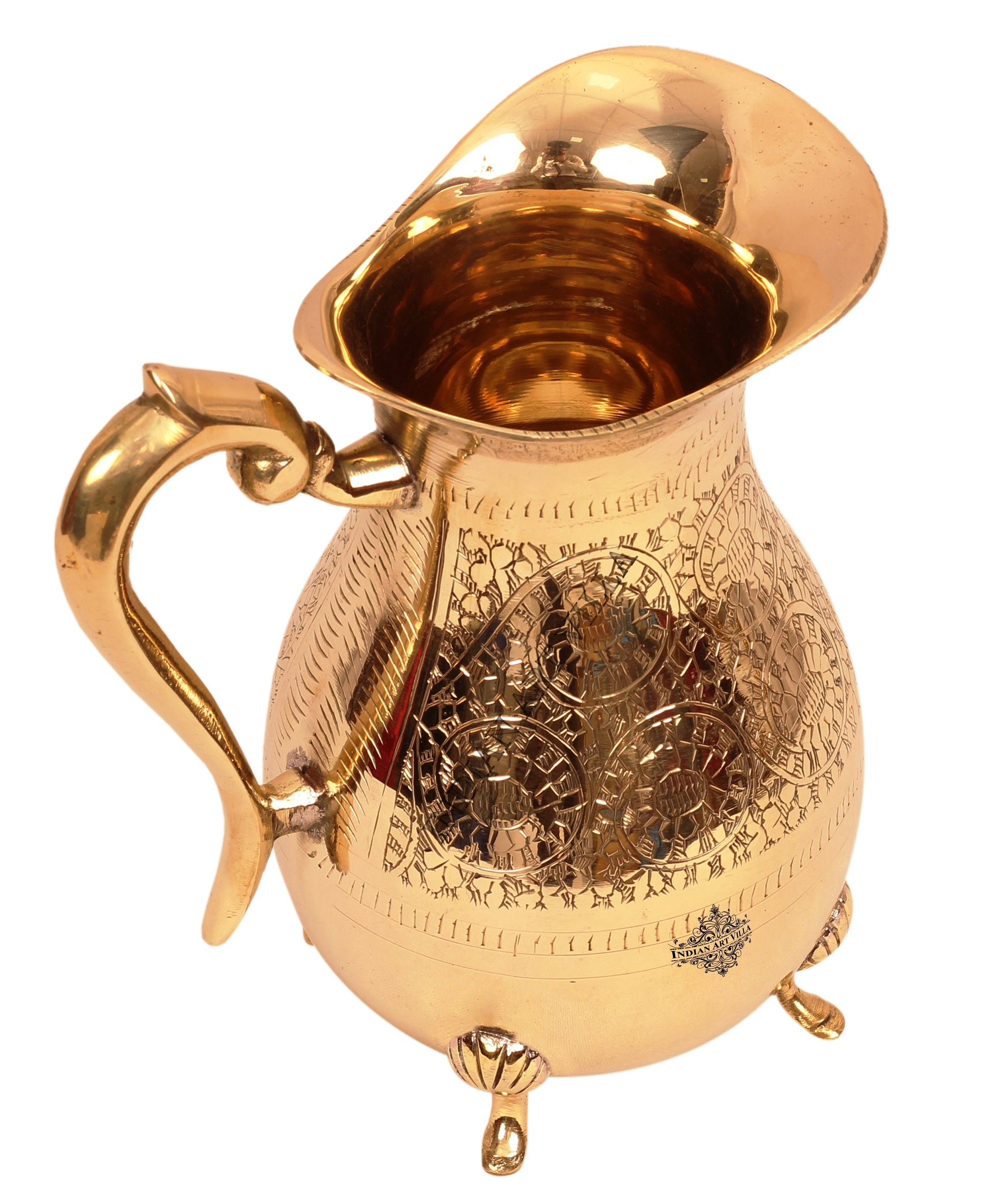 Handcrafted Pure Brass Embossed Design Jug Pitcher with 4 Legs