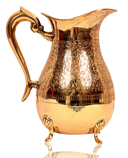 Handcrafted Pure Brass Embossed Design Jug Pitcher with 4 Legs
