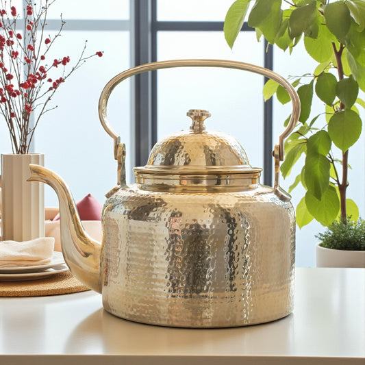 Brass Hammered Designer Tea Pot , Kettle Tin Lining Inside, Serving Tea Coffee, Tableware, Serveware