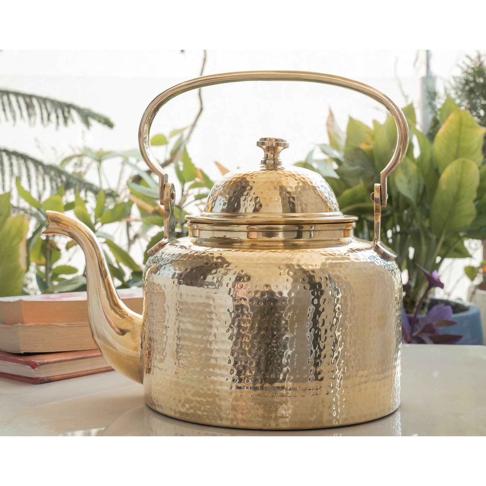 Brass Hammered Designer Tea Pot , Kettle Tin Lining Inside, Serving Tea Coffee, Tableware, Serveware