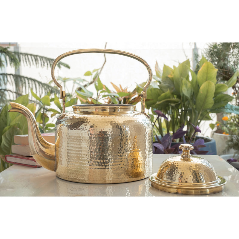 Brass Hammered Designer Tea Pot , Kettle Tin Lining Inside, Serving Tea Coffee, Tableware, Serveware