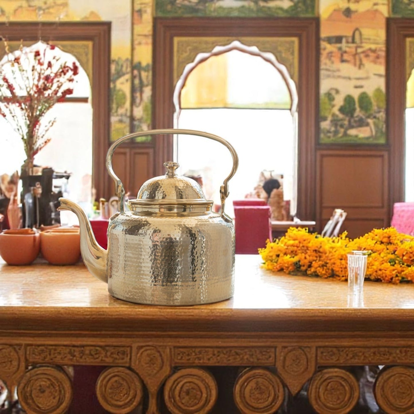 Brass Hammered Designer Tea Pot , Kettle Tin Lining Inside, Serving Tea Coffee, Tableware, Serveware