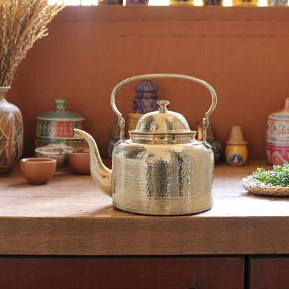 Brass Hammered Designer Tea Pot , Kettle Tin Lining Inside, Serving Tea Coffee, Tableware, Serveware