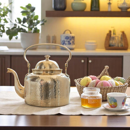 Brass Hammered Designer Tea Pot , Kettle Tin Lining Inside, Serving Tea Coffee, Tableware, Serveware