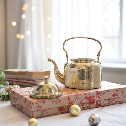 Brass Hammered Designer Tea Pot , Kettle Tin Lining Inside, Serving Tea Coffee, Tableware, Serveware
