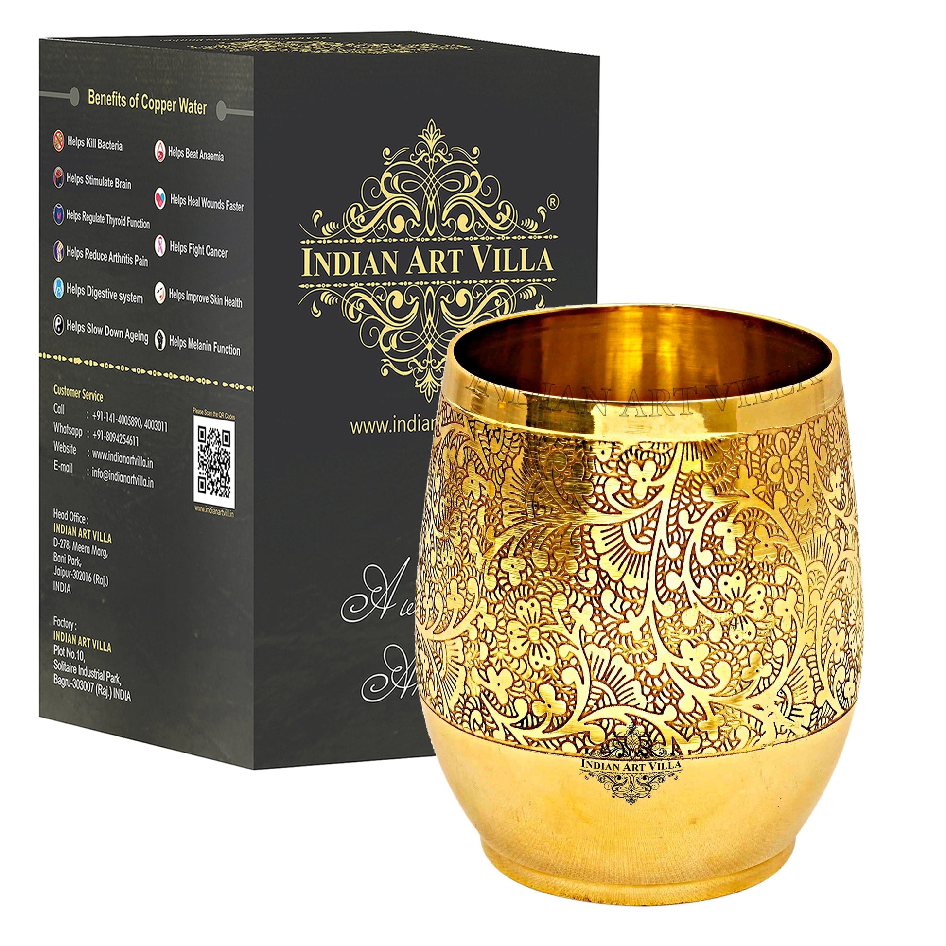 Handmade Pure Brass Embossed Flower Design Glass, Tumbler, 300 ml