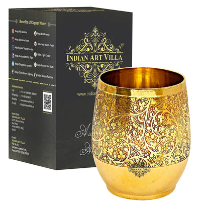 Handmade Pure Brass Embossed Flower Design Glass, Tumbler, 300 ml