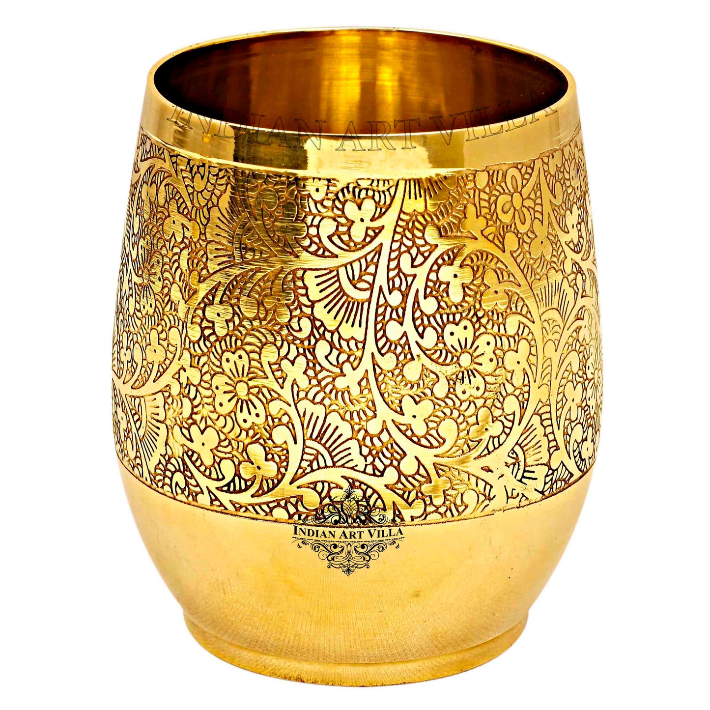 Handmade Pure Brass Embossed Flower Design Glass, Tumbler, 300 ml