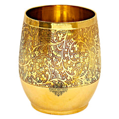 Handmade Pure Brass Embossed Flower Design Glass, Tumbler, 300 ml