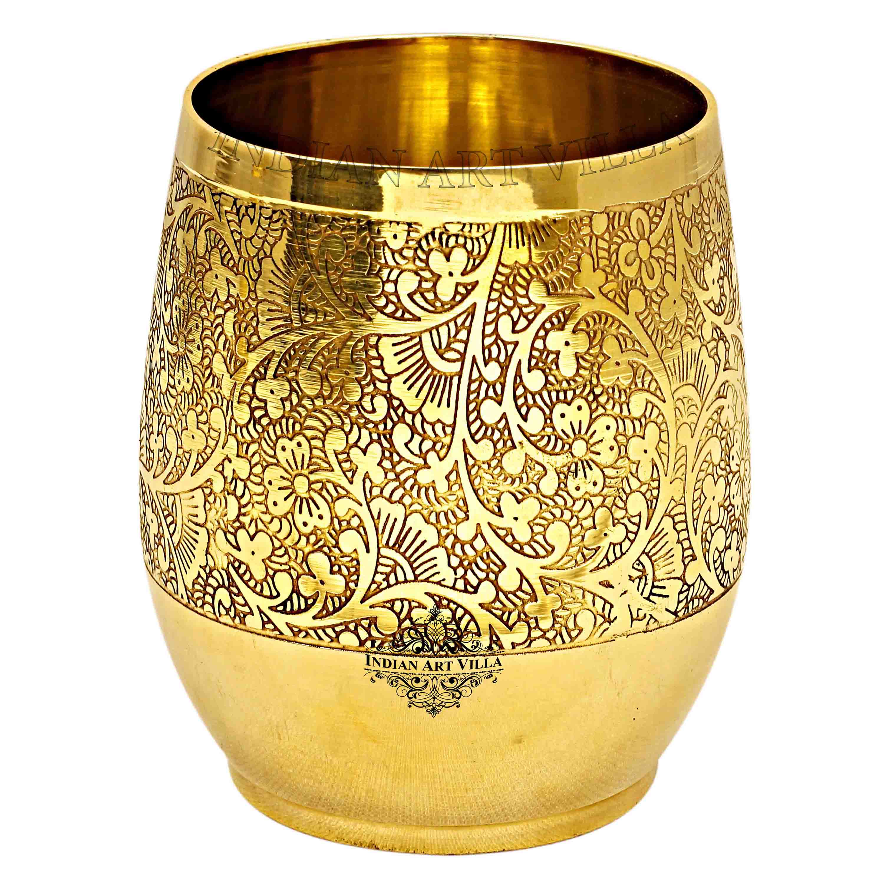 Handmade Pure Brass Embossed Flower Design Glass, Tumbler, 300 ml
