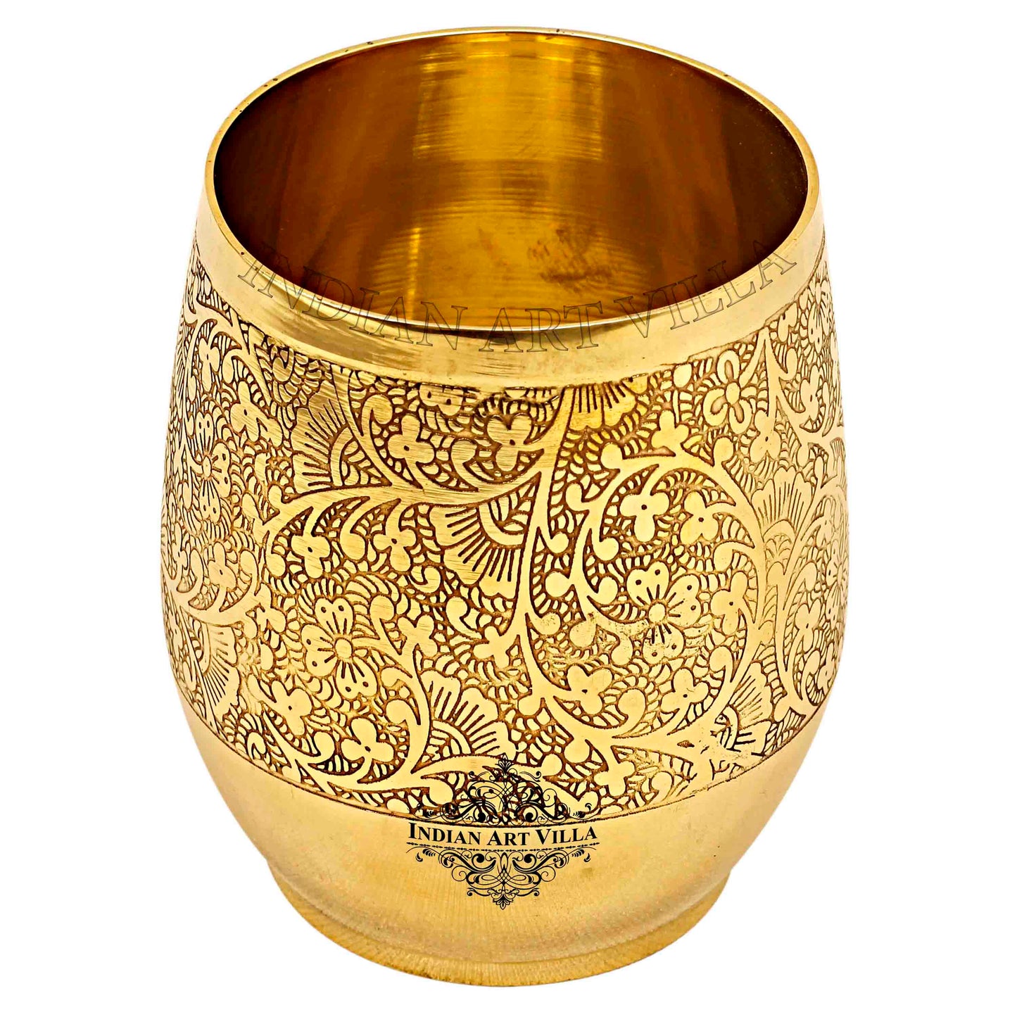 Handmade Pure Brass Embossed Flower Design Glass, Tumbler, 300 ml