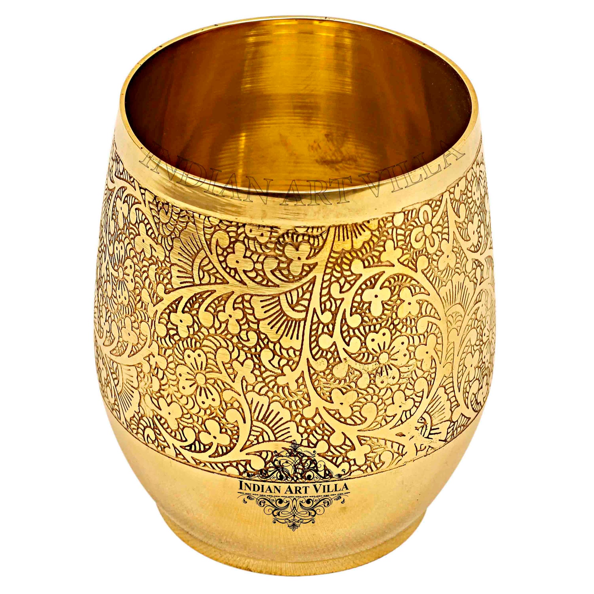 Handmade Pure Brass Embossed Flower Design Glass, Tumbler, 300 ml