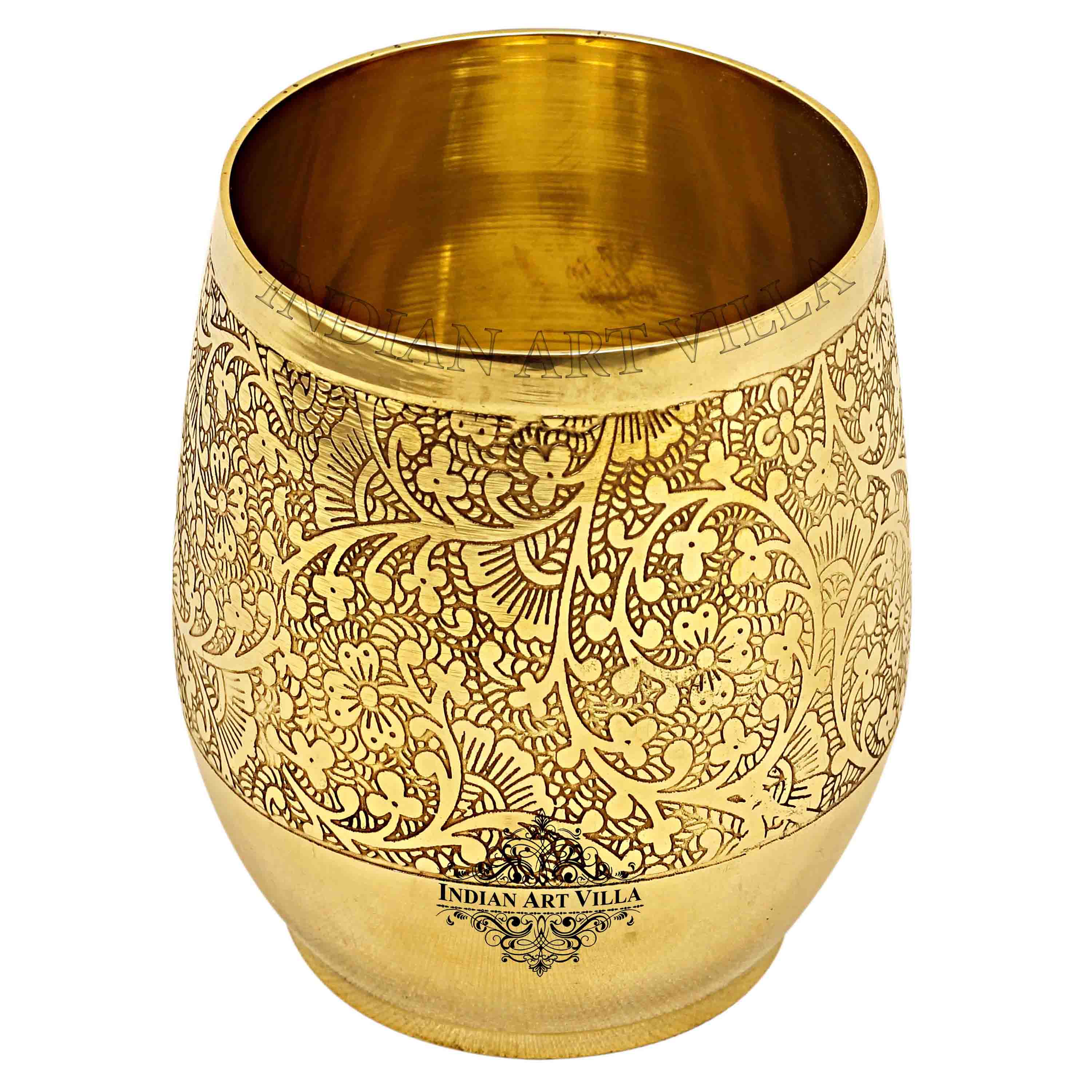 Handmade Pure Brass Embossed Flower Design Glass, Tumbler, 300 ml