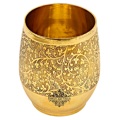 Handmade Pure Brass Embossed Flower Design Glass, Tumbler, 300 ml