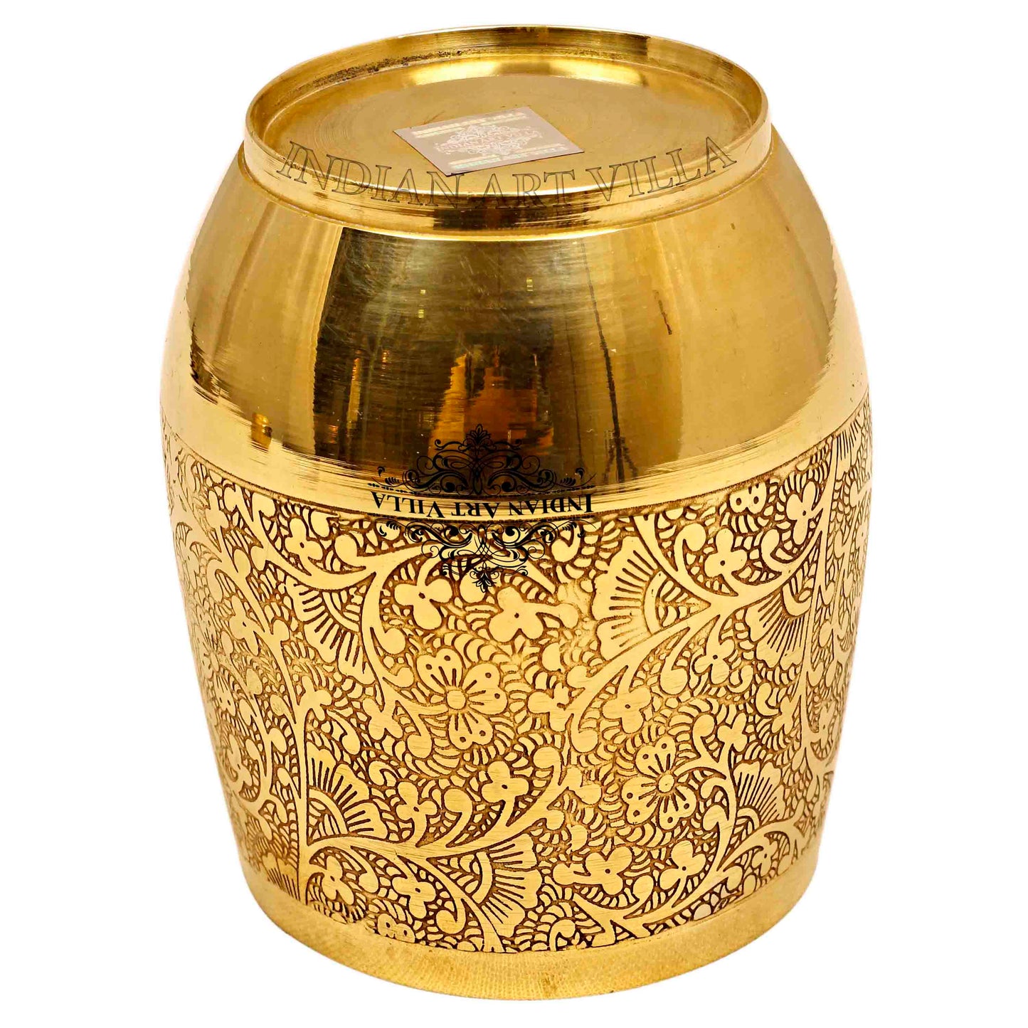 Handmade Pure Brass Embossed Flower Design Glass, Tumbler, 300 ml