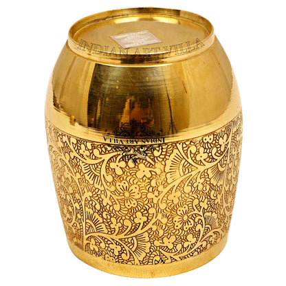 Handmade Pure Brass Embossed Flower Design Glass, Tumbler, 300 ml