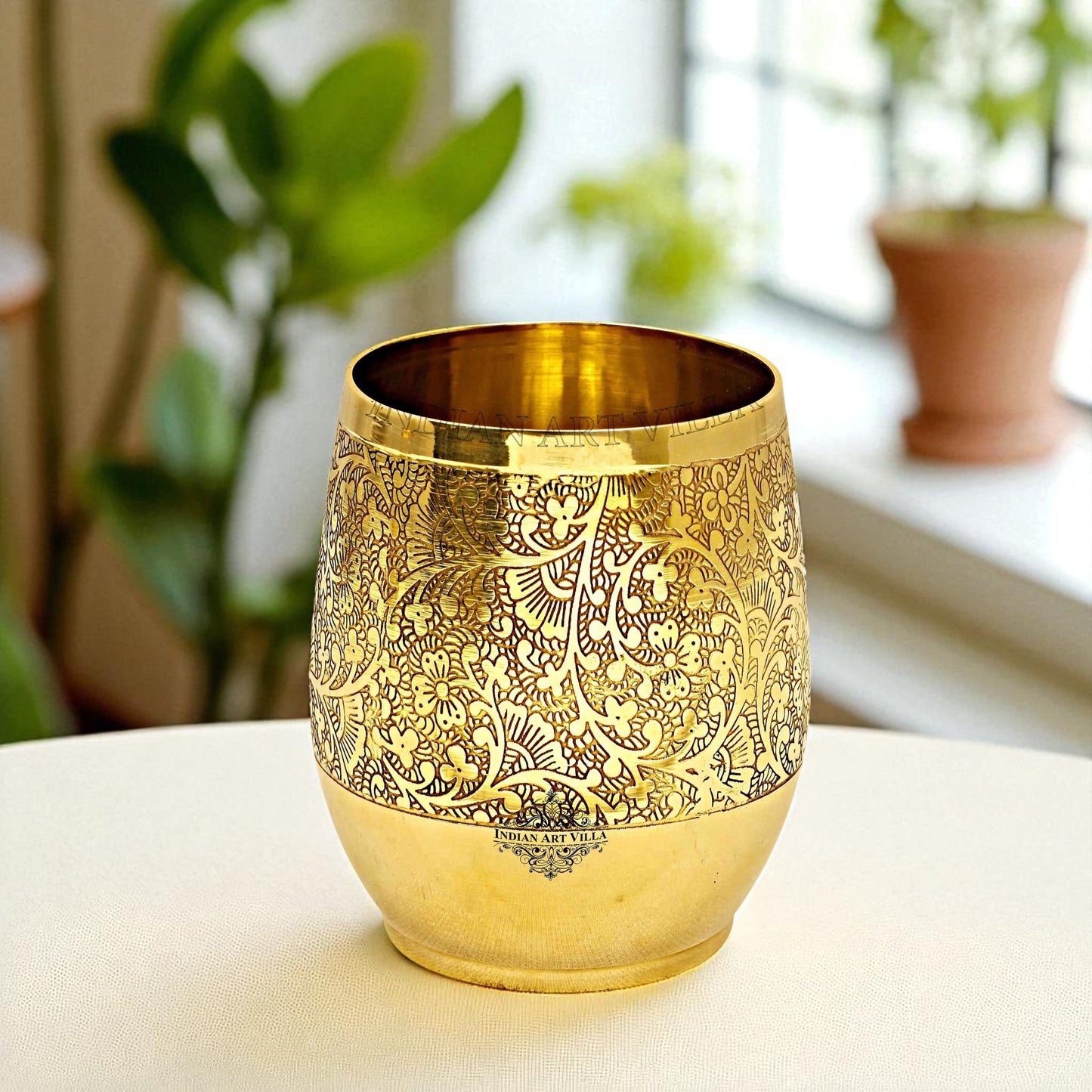 Handmade Pure Brass Embossed Flower Design Glass, Tumbler, 300 ml
