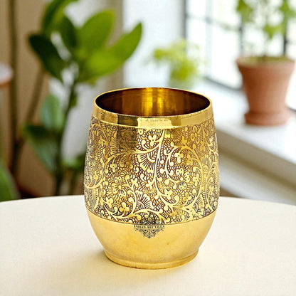 Handmade Pure Brass Embossed Flower Design Glass, Tumbler, 300 ml