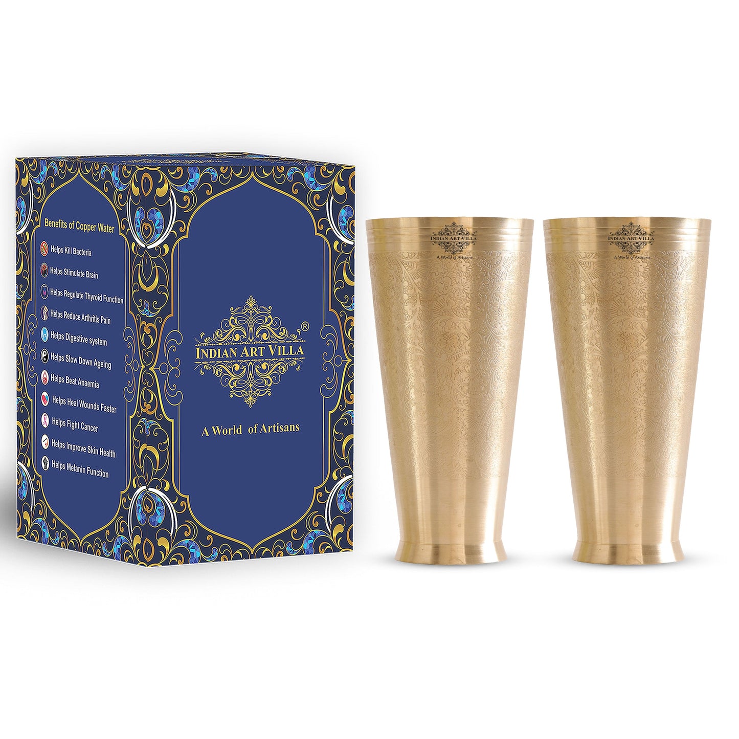 Embossed Flower Design Brass Lassi Glass