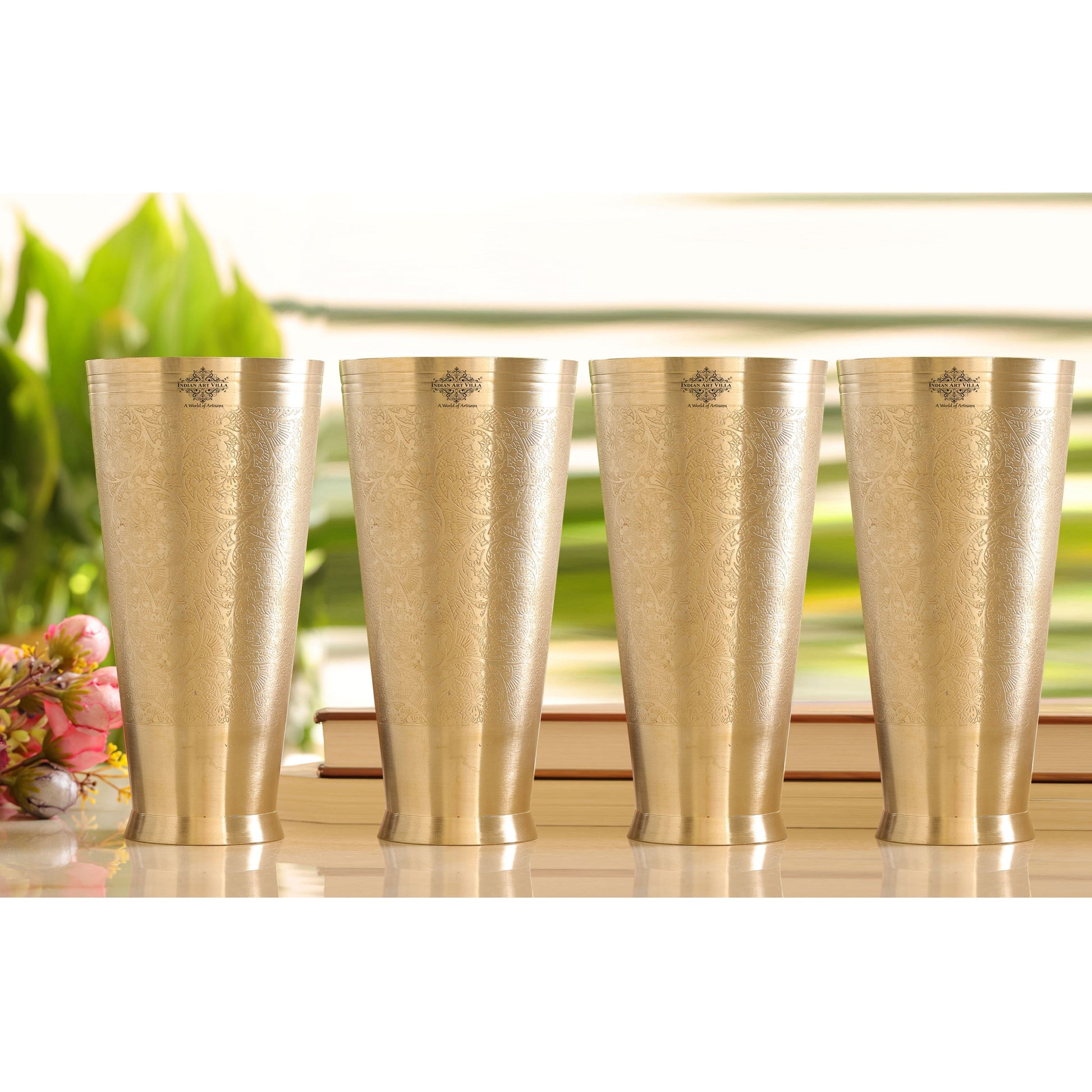 Embossed Flower Design Brass Lassi Glass