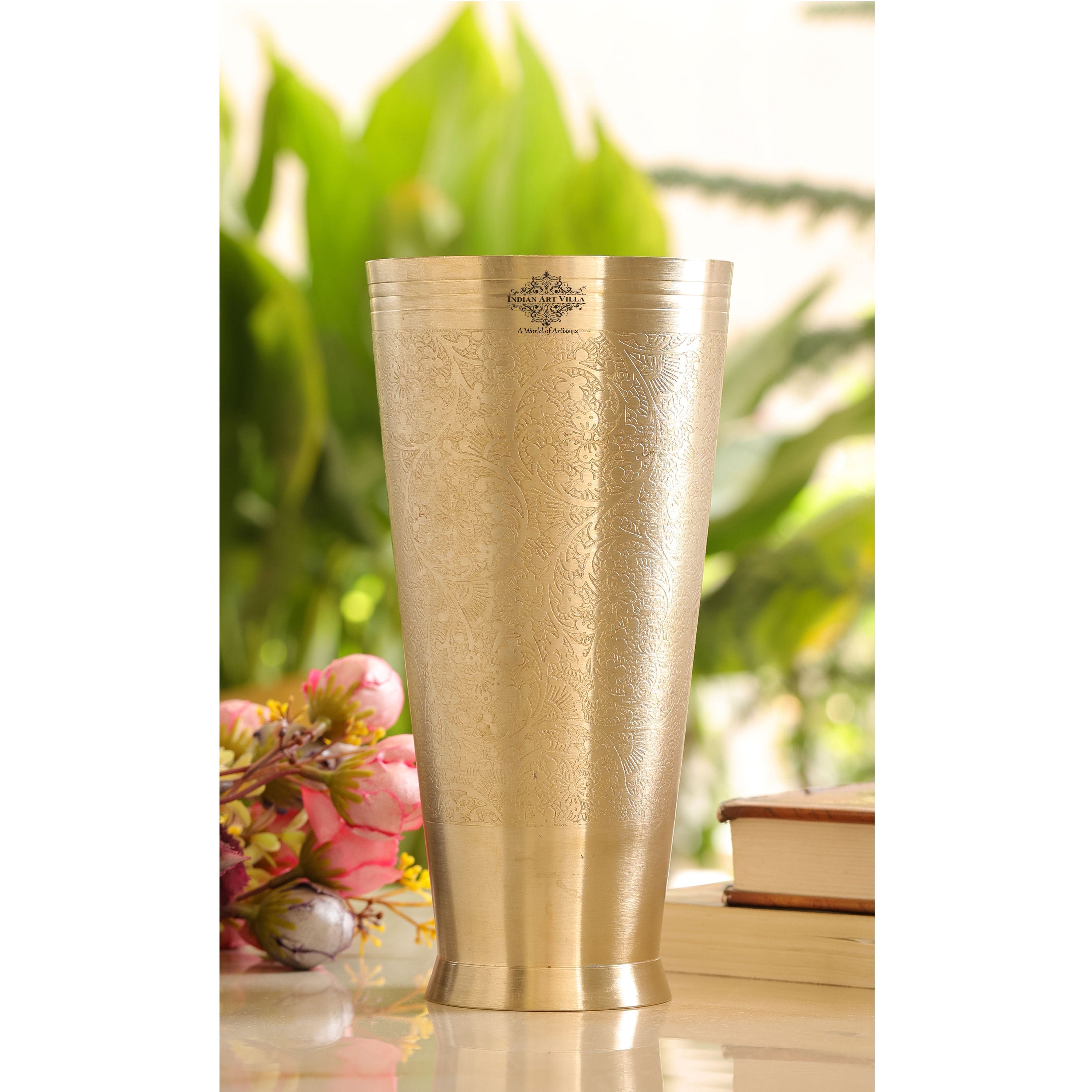 Embossed Flower Design Brass Lassi Glass