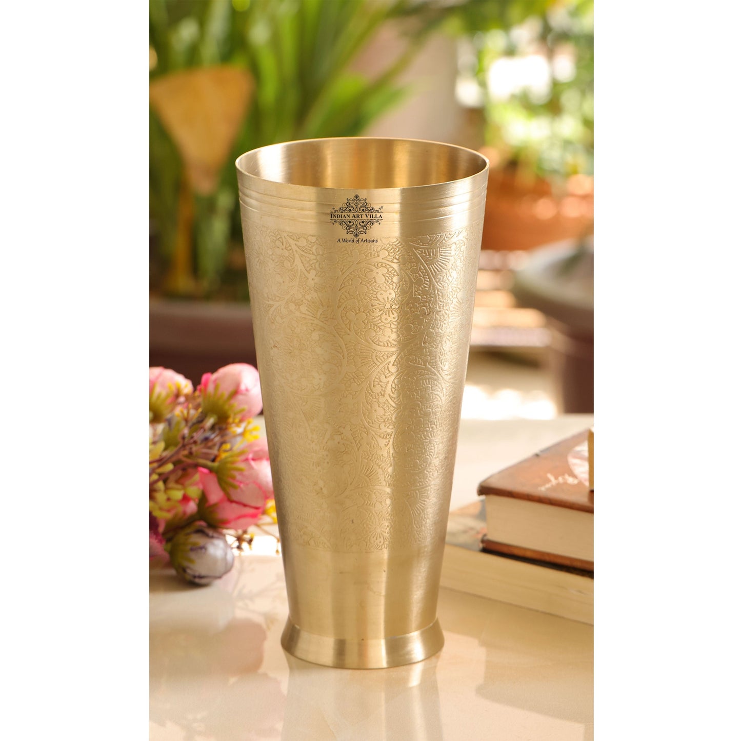 Embossed Flower Design Brass Lassi Glass