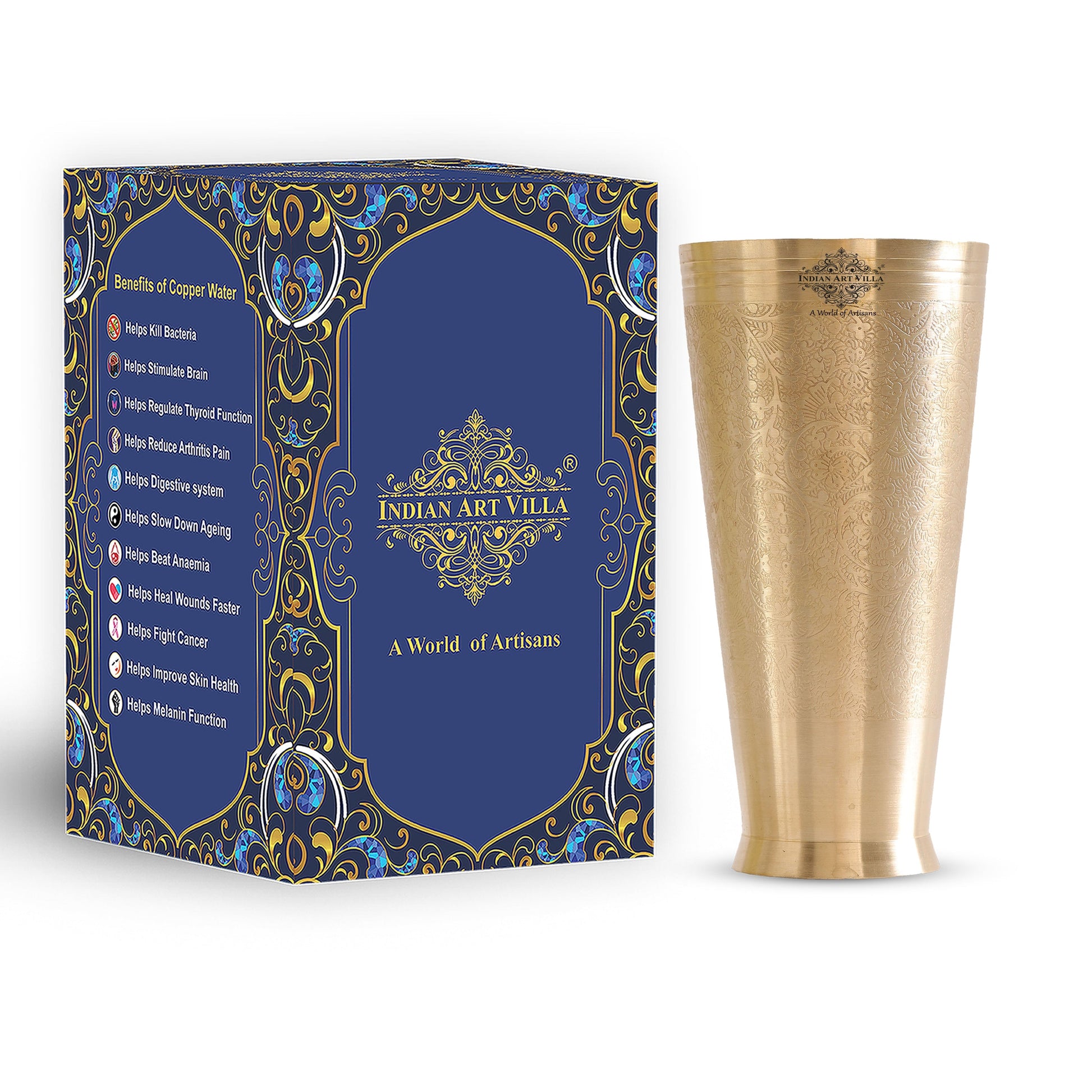 Embossed Flower Design Brass Lassi Glass